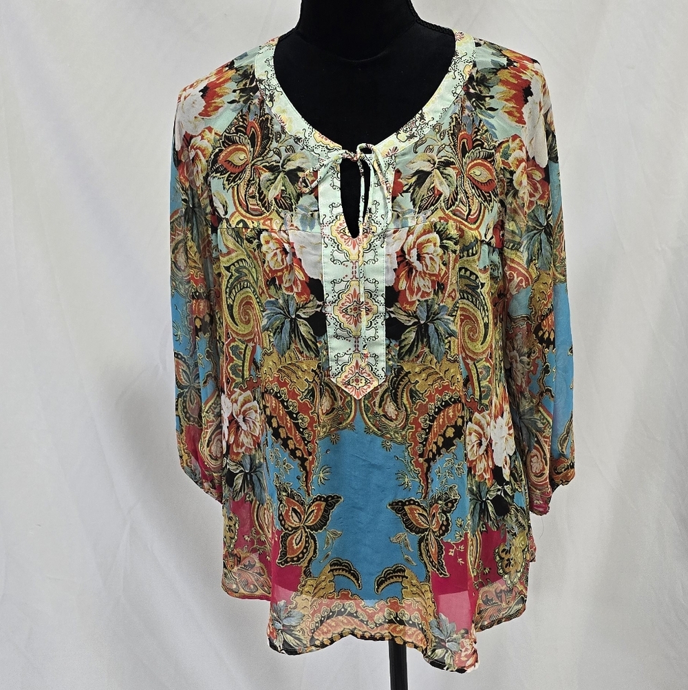 Fig and Flower women M sheer blouse lace back 3/4 Sleeve cottagecore romantic
